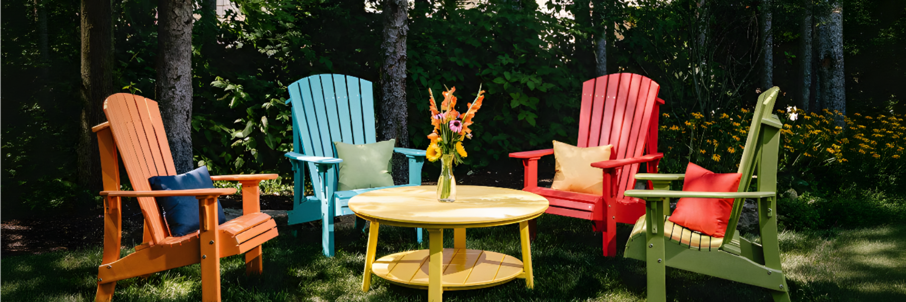 Image of colorful poly lumber Adirondack chairs around a yellow round table